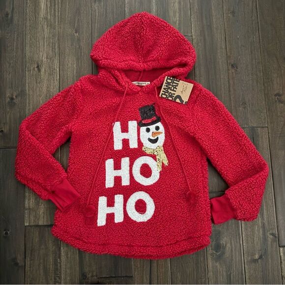 Chance or Fate Red Fleece Sequins Snowman HO HO HO Hoodie Jr. S NWT - Picture 1 of 4